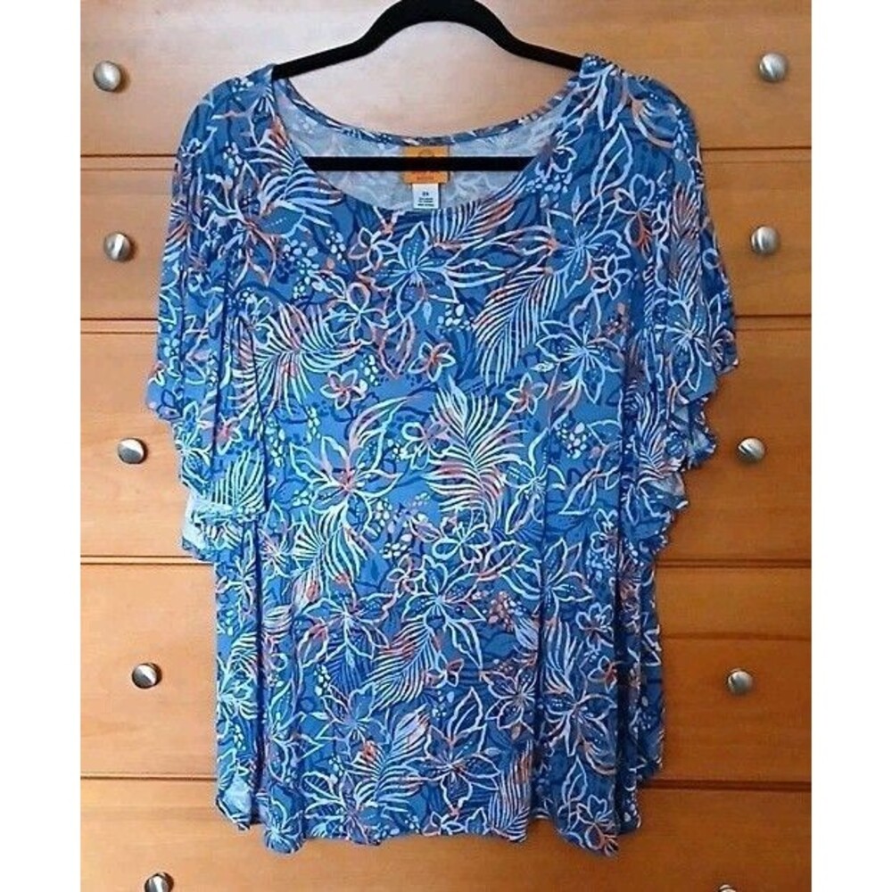 Ruby Rd. Womens 2X Blue Floral Scoop Neck Ruffle Sleeve Rayon Spandex Knit Top